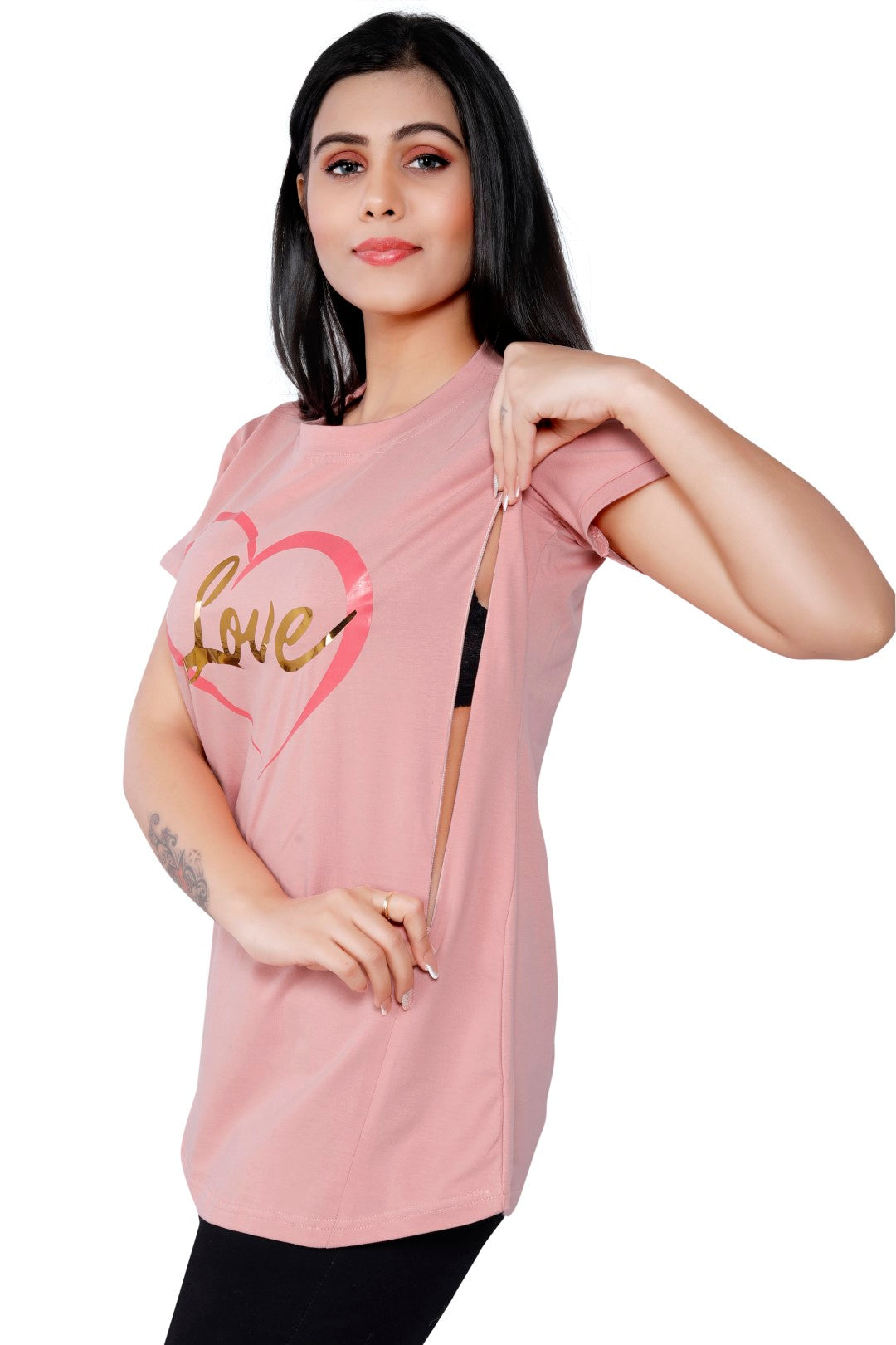 Women Cotton Feeding Top TShirt - Pink Love