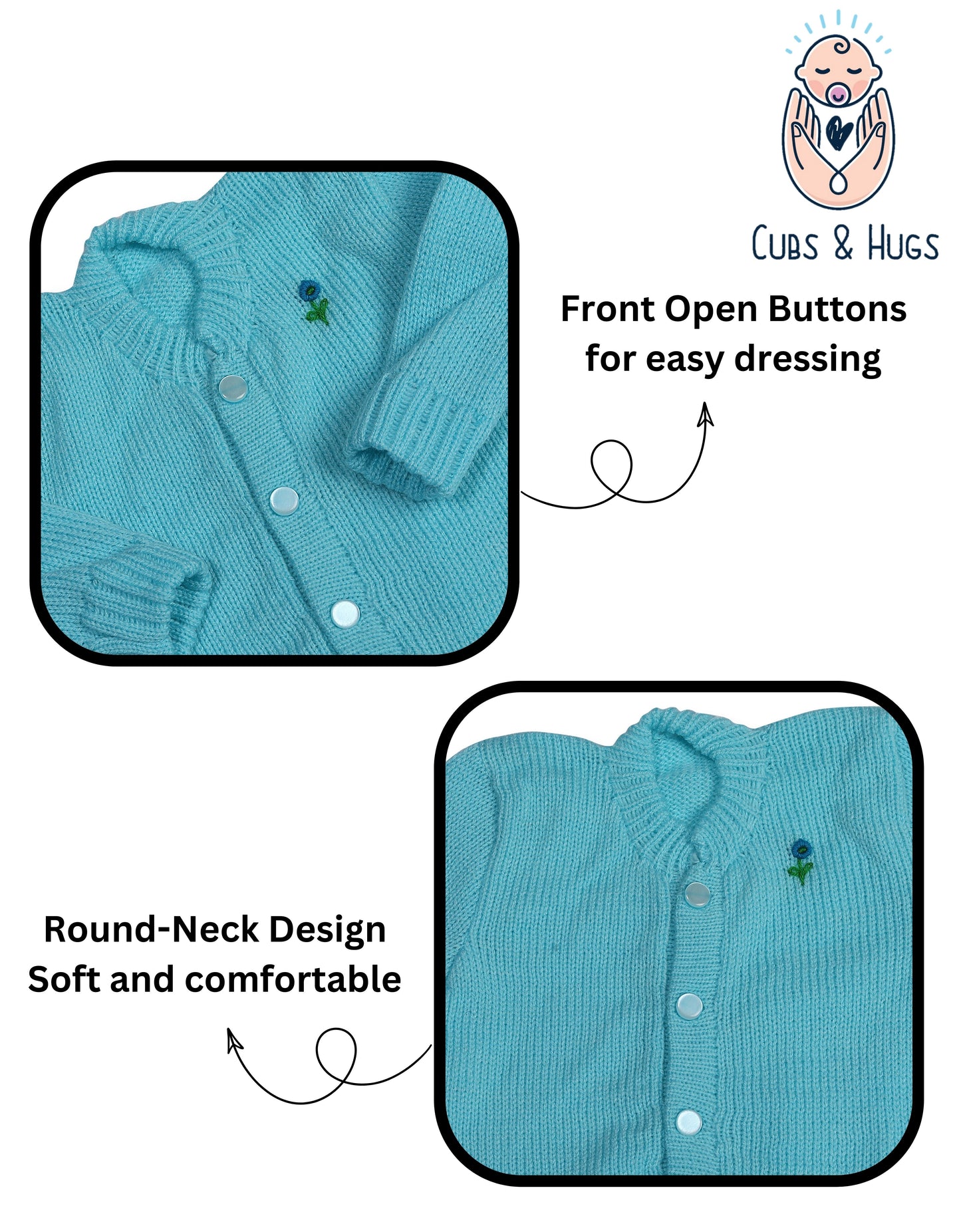 CUBS & HUGS Baby Sweater Front Open Round Neck Cardigan- Turquoise