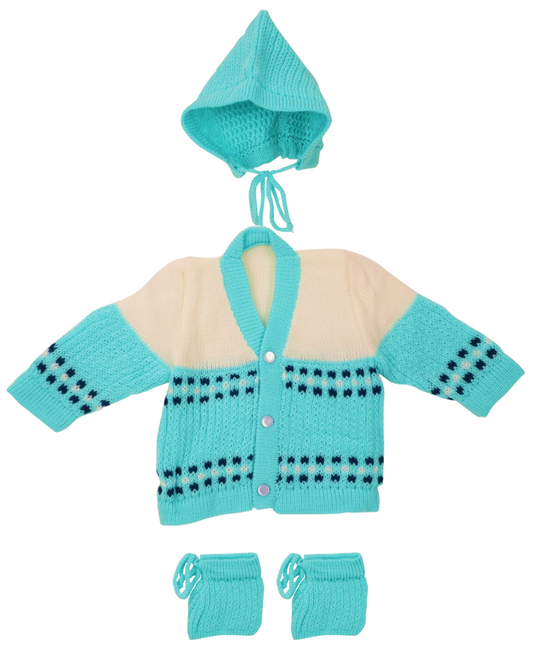 Knit Full Sleeves Sweater with Colour Block Design- Turquoise