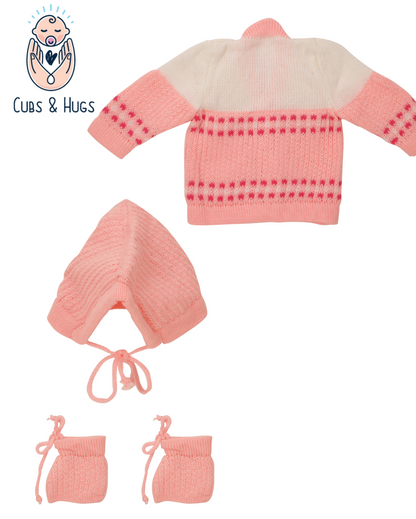 Knit Full Sleeves Sweater with Colour Block Design- Pink