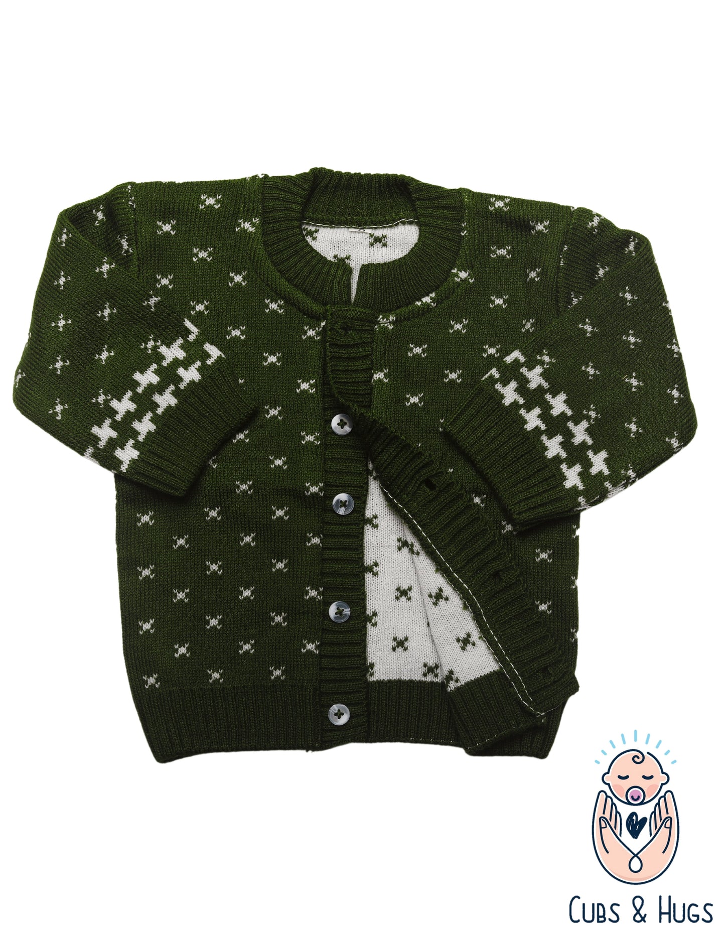 CUBS & HUGS Baby Girls Boys Woolen Round Neck Cardigan Sweater-Dark Green