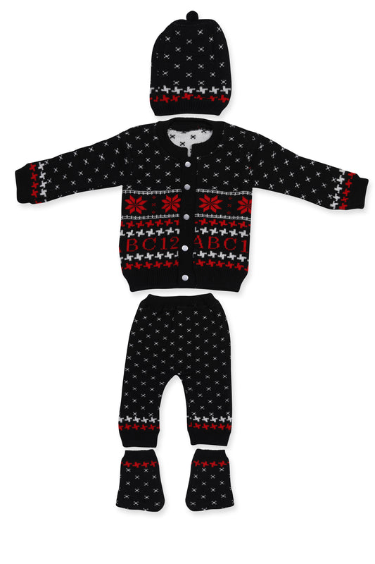 Baby Knitted Sweater, Leggings, Cap & Booties Full Suit- ABC 123 (4 Pcs) Black