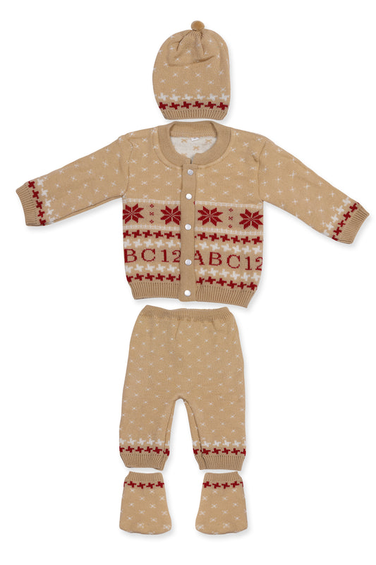 Baby Knitted Sweater, Leggings, Cap & Booties Full Suit- ABC 123 (4 Pcs) Beige