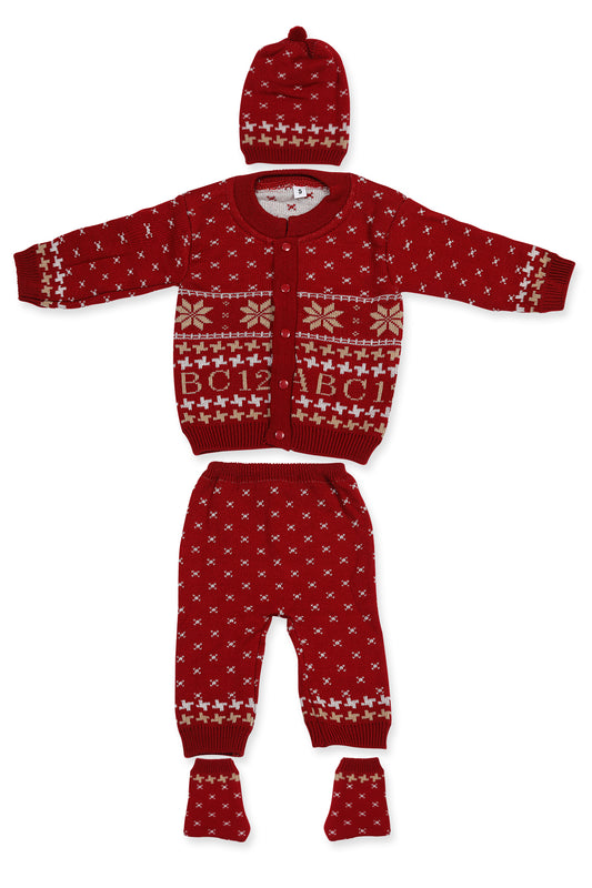 Baby Knitted Sweater, Leggings, Cap & Booties Full Suit- ABC 123 (4 Pcs) Maroon