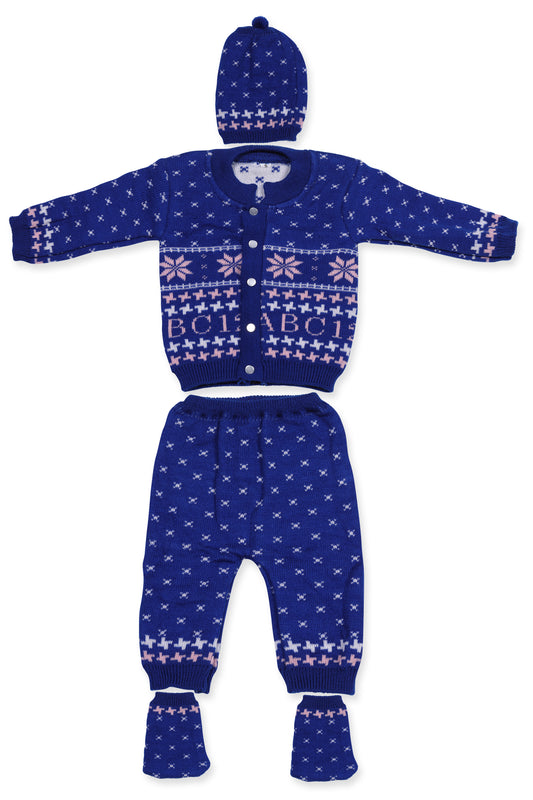 Baby Knitted Sweater, Leggings, Cap & Booties Full Suit- ABC 123 (4 Pcs) Blue