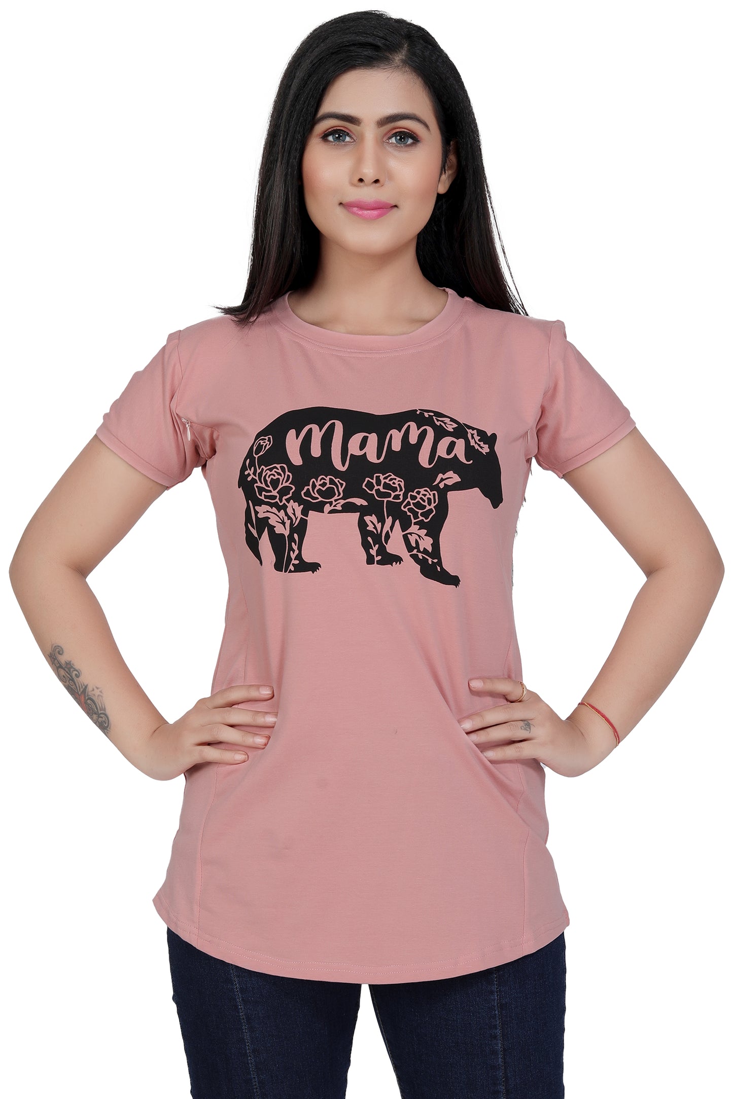Women Cotton Feeding Top TShirt - Pink Bear