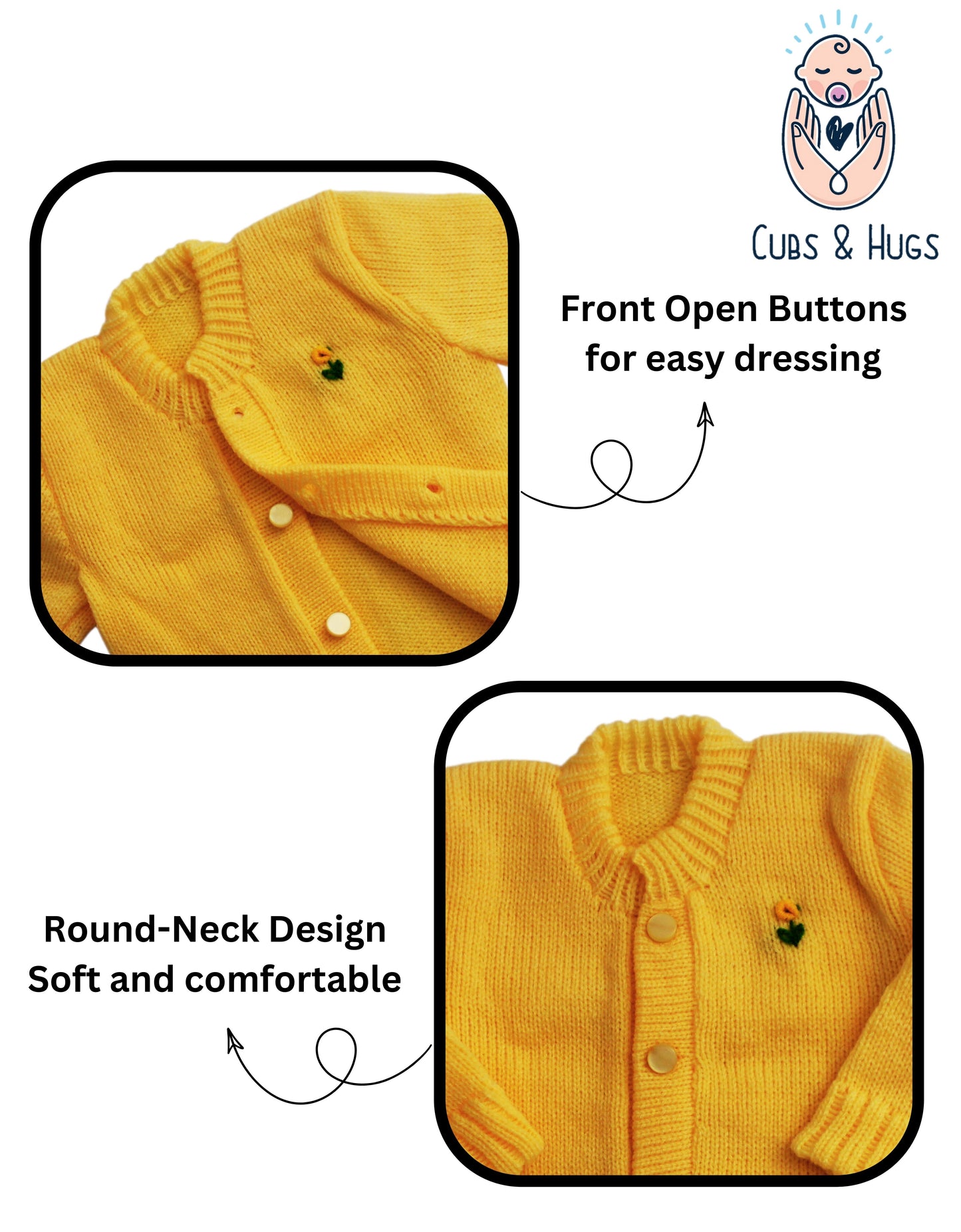 CUBS & HUGS Baby Sweater Front Open Round Neck Cardigan- Mango Yellow