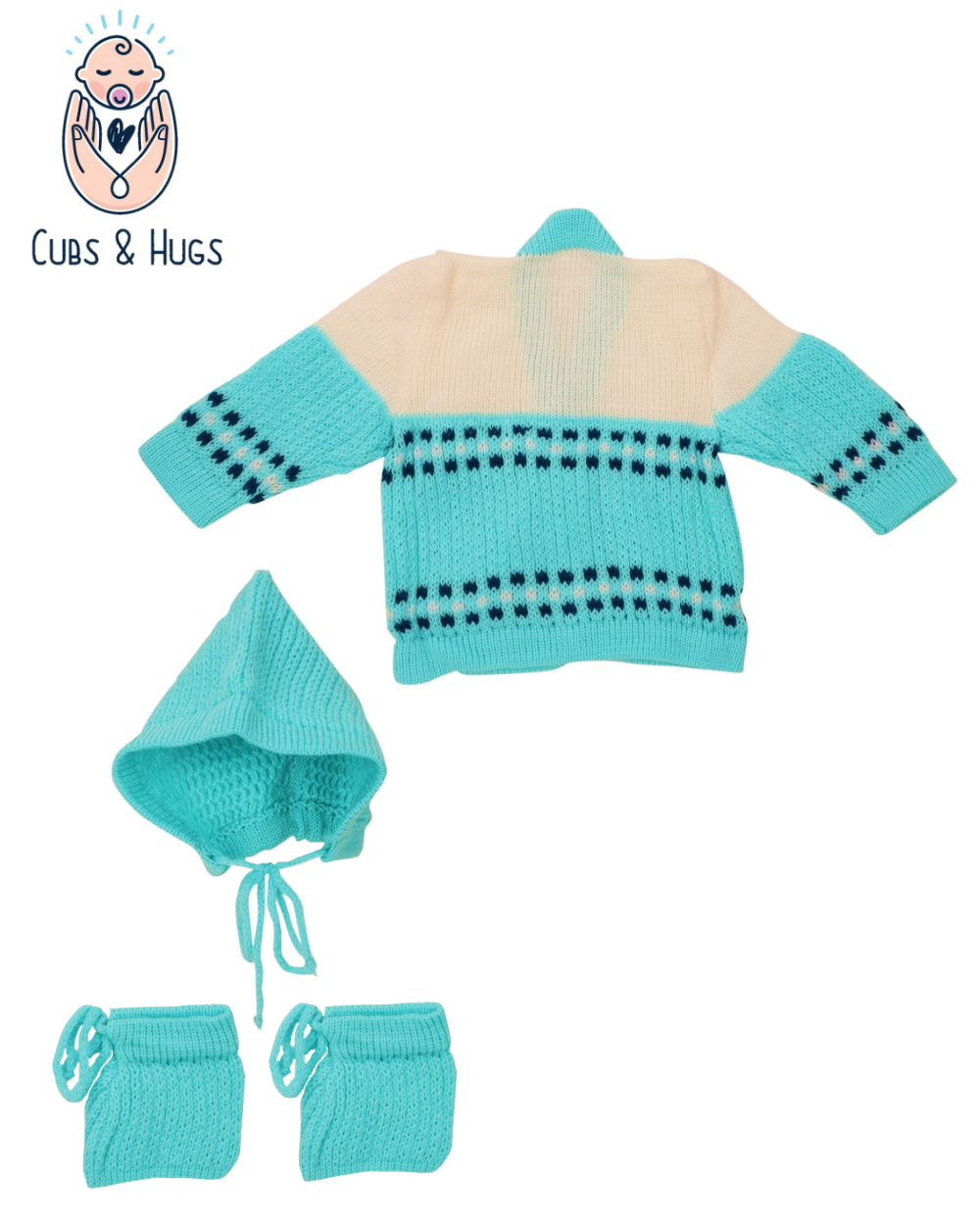 Knit Full Sleeves Sweater with Colour Block Design- Turquoise