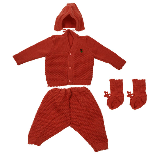 New Born Baby Woollen Sweater Full Suit (4 Pcs)(0-6 Months) Saddle Brown