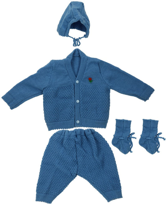 New Born Baby Woollen Sweater Full Suit (4 Pcs)(0-6 Months) Blue