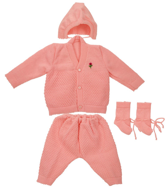 New Born Baby Woollen Sweater Full Suit (4 Pcs)(0-6 Months) Pink