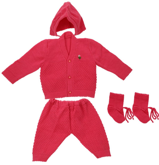 New Born Baby Woollen Sweater Full Suit (4 Pcs)(0-6 Months) Strawberry