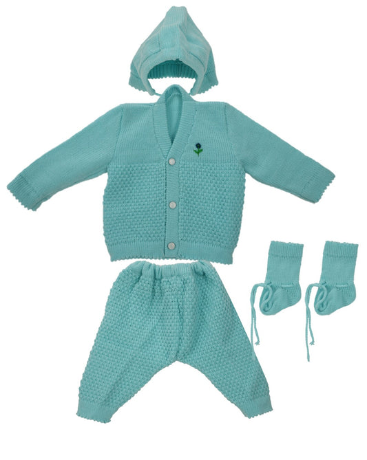 New Born Baby Woollen Sweater Full Suit (4 Pcs)(0-6 Months) Turquoise